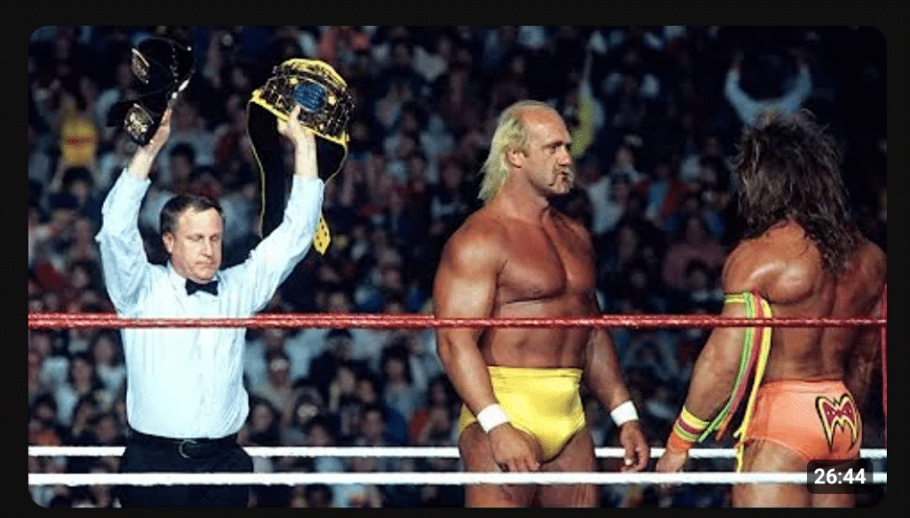 Hogan (Middle) Staring down Jim Hellwig "The Ultimate Warrior" at WrestleMania 6.